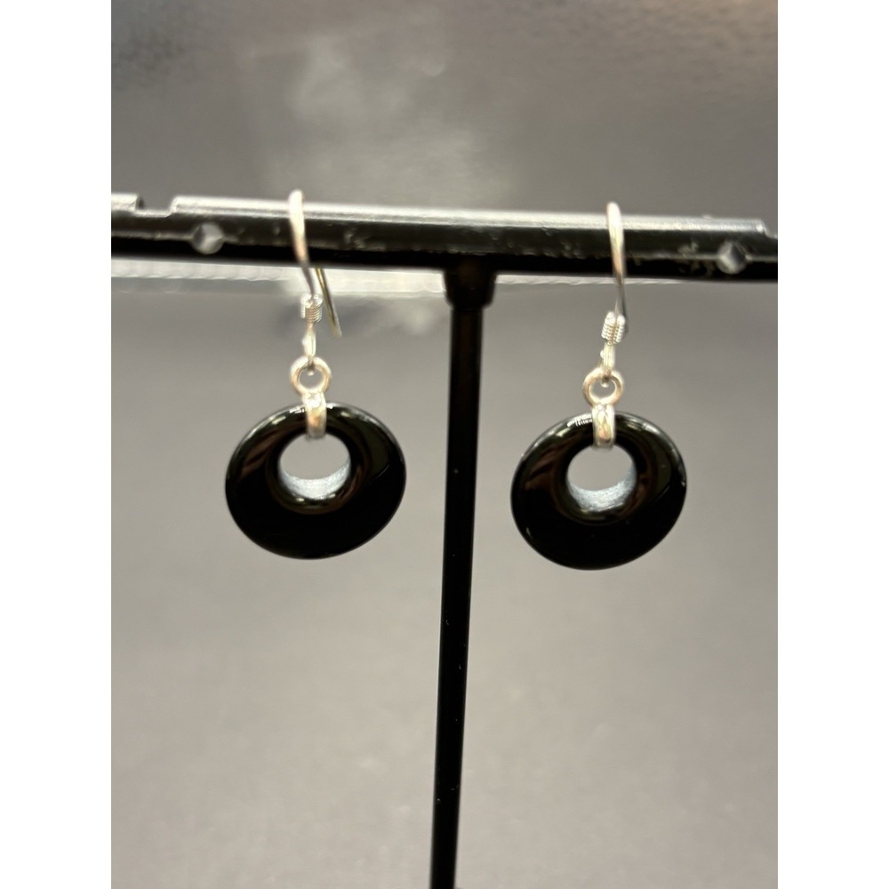 EUC Sterling Silver Onyx Dangle Earrings 925 F23